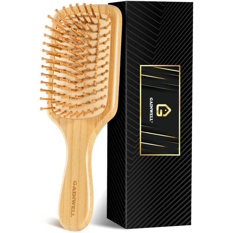 GAINWELL Bamboo Hair Brush for Hair Growth Natural Bamboo Bristles Detangling Square Wooden Paddle Hairbrush for Massaging Scalp for Women Men and Kids for All Hair Types with Ergonomic Handle